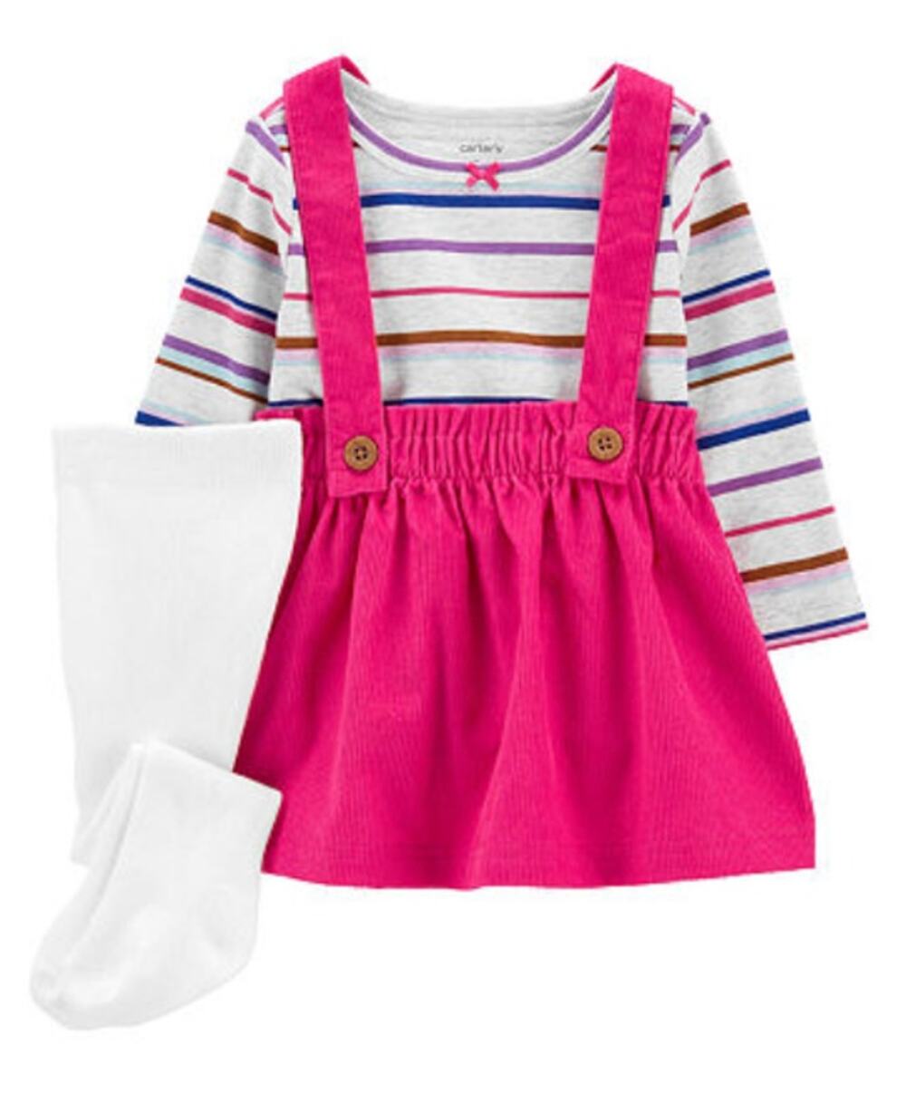 Carter's Baby Girl Striped Tee, Corduroy Jumper, & Tights Set in Pink, Size 12M - Picture 1 of 4